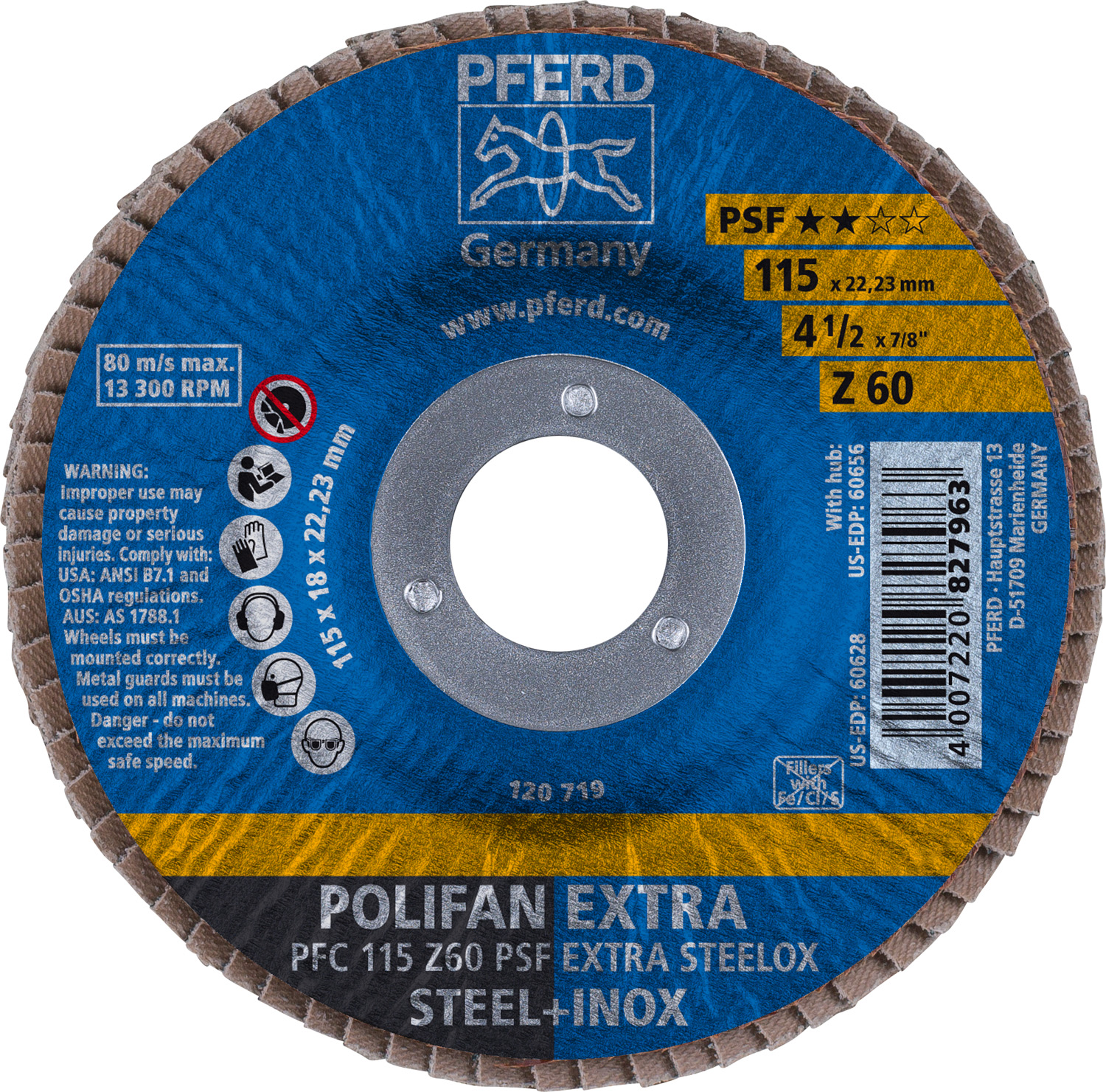 4-1/2" x 7/8" A.H. POLIFAN® Flap Disc, Z PSF EXTRA STEELOX, Zirconia, 60 Grit, Conical